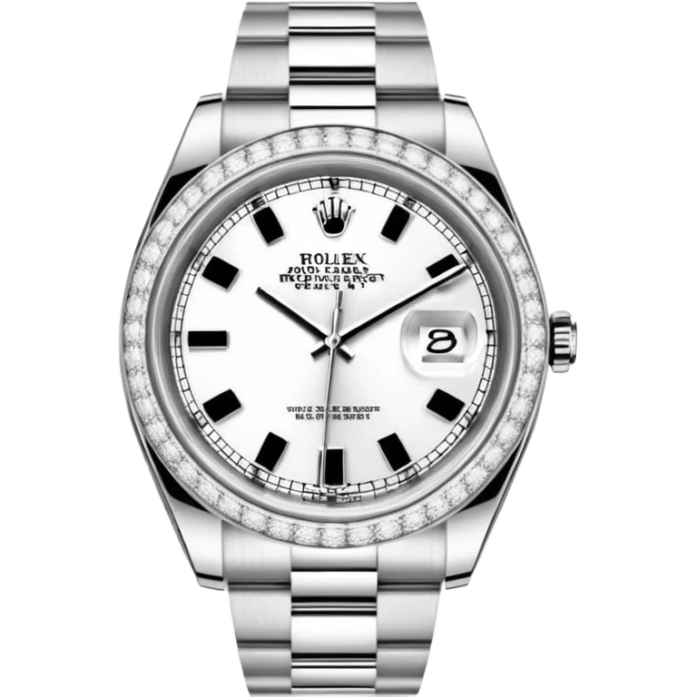 Crie um emoji com essas especificações: Um Rolex Datejust "Iced Out" prateado, totalmente coberto por diamantes na caixa, luneta e pulseira Jubilee. O mostrador possui fundo cravejado com diamantes (pavé), algarismos romanos pretos e lente de aumento na data. emoji