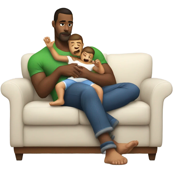 Hot dad laying on couch holding baby watching football  emoji