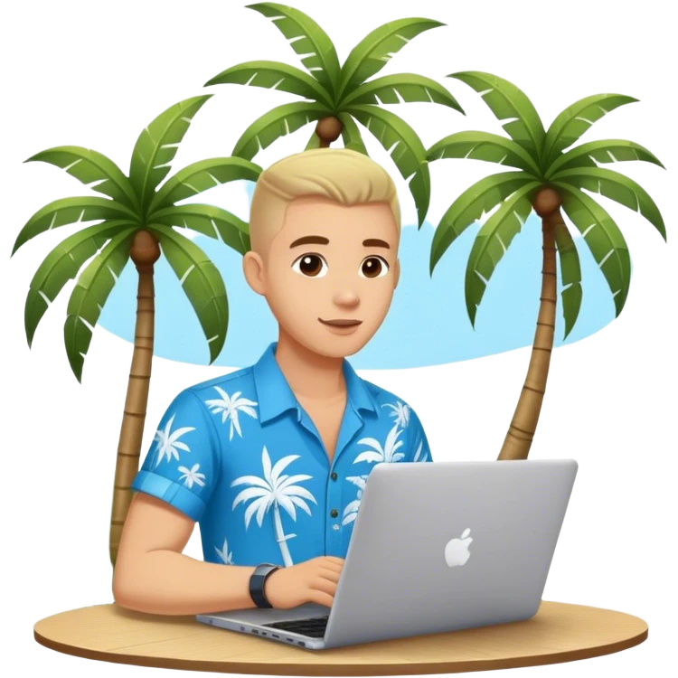 A digital nomad in bali working on a laptop wearing a tropical blue shirt with a palm tree on the side emoji