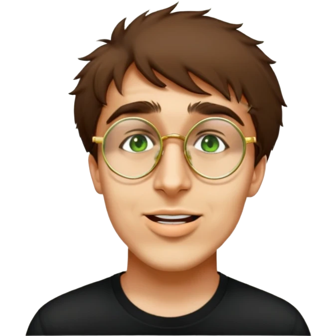 male, round gold glasses, black tshirt emoji