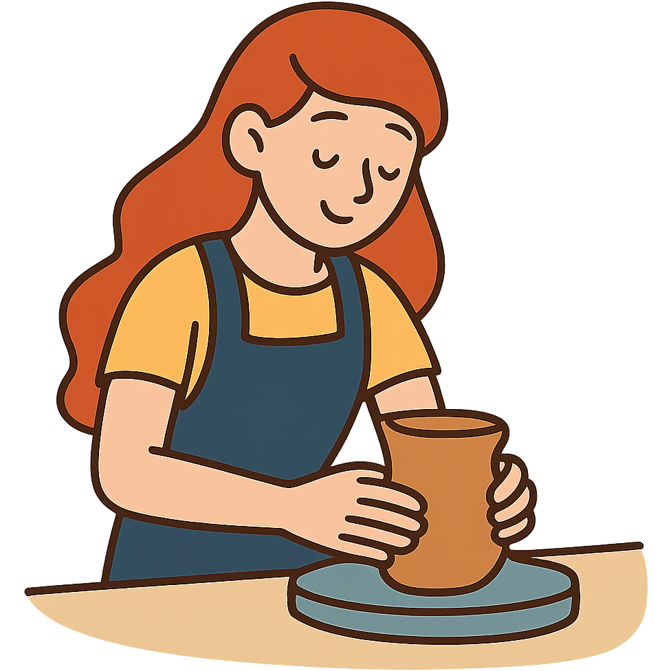 flat toon style girl with long red hair making pottery emoji