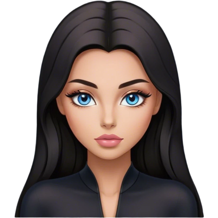 Glamours make-up, tanned, beautiful, girl, with blue eyes, big pump peach-beige-rose lips, eyeliner, long lashes, black straight smooth silky long hair, parting hair in the middle,  in black v-neck bodysuit long sleeves emoji