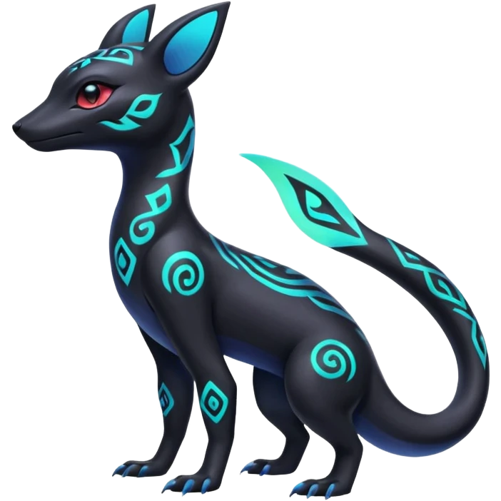 Colorful Neon Exotic Salandit-Aurorus-Umbreon-Fakémon-hybrid-creature (full body) with iridescent tribal markings emoji