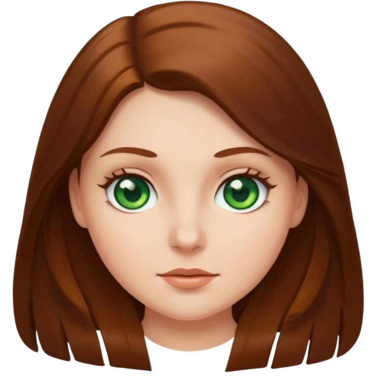 Round white girl with brown long hair and green eyes emoji
