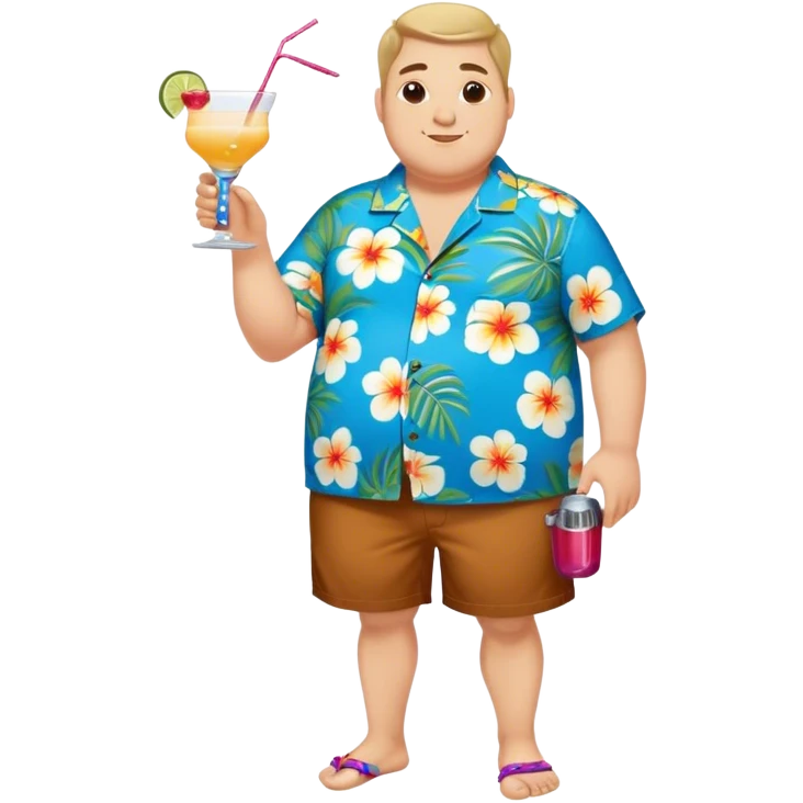 chubby guy full figure in a flowered azure havai shirt, brown shorts and flippers holding a cocktail emoji