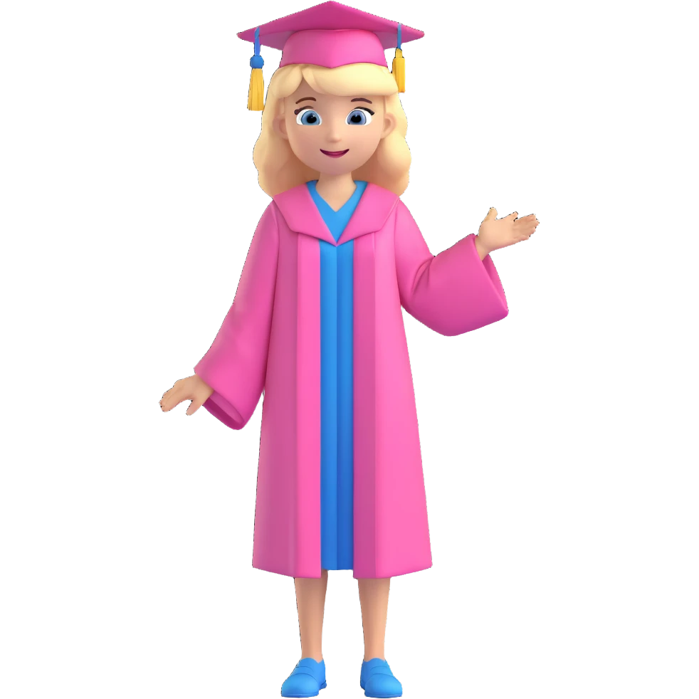 blonde hair blue eyed girl wearing a pink graduation cap and gown, full body, cheerful expression emoji