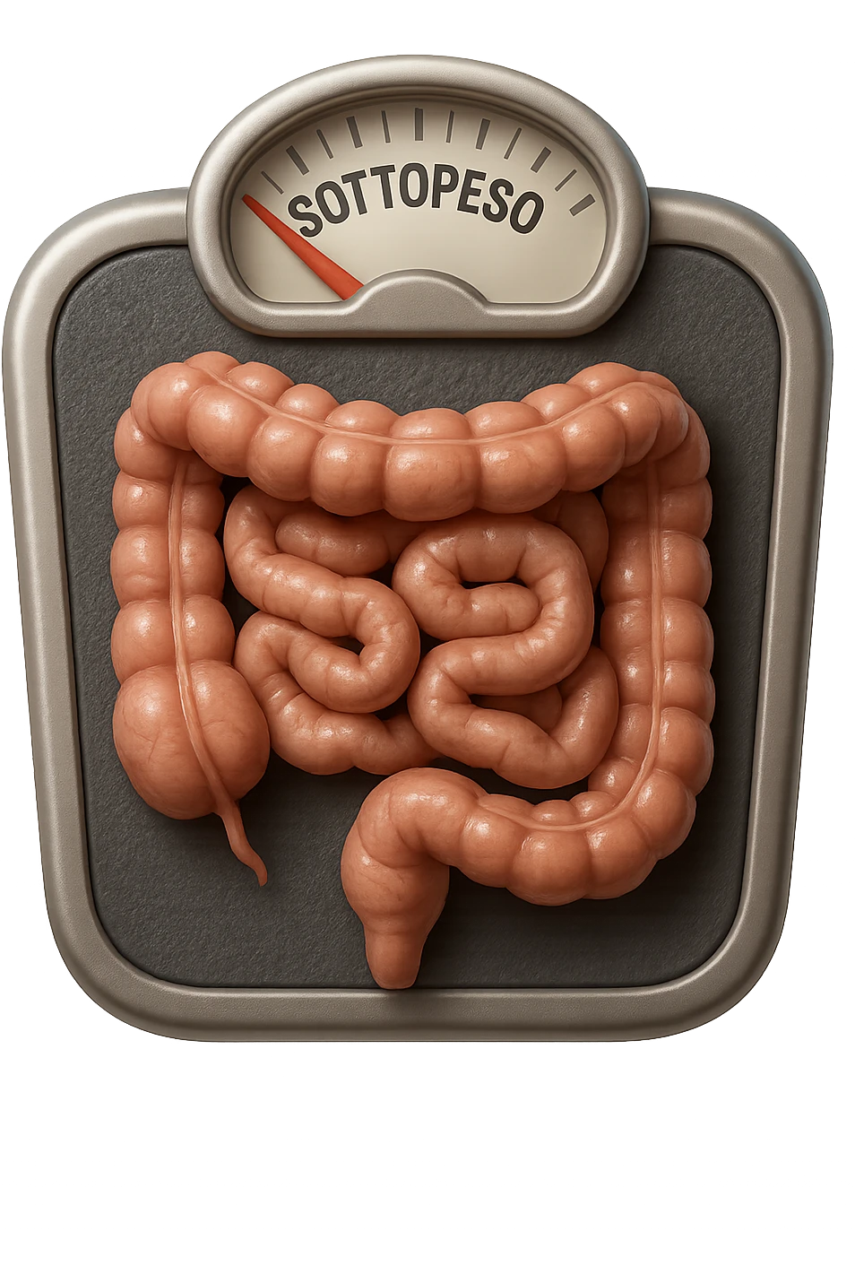 bilancia pesapersone con la scritta "SOTTOPESO" SUL DISPLAY, INTESTINO UMANO SULLA BILANCIA, stile emoji iphone, iperrealistico 4k emoji