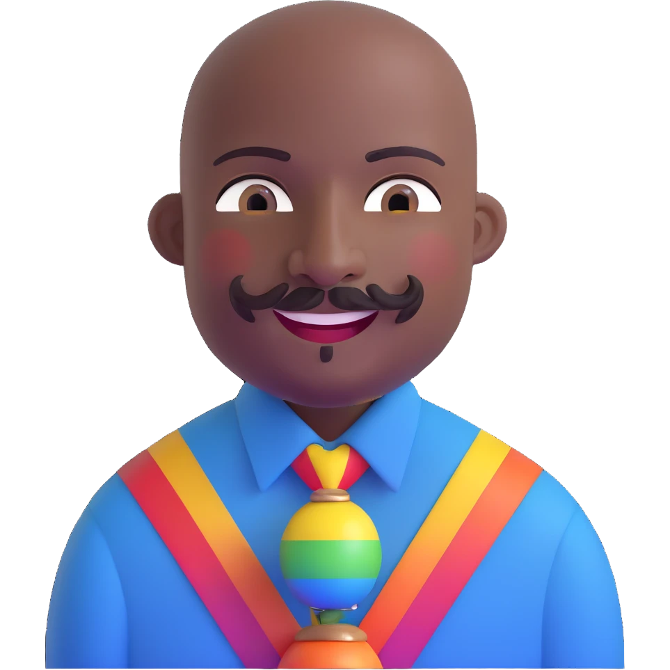Oxumarê as a very happy and spontaneous smiling 37-year-old bald man with very dark skin, smooth oval head, indigenous facial features, mustache with circular beard only on chin (no hair on sides), a round mole on the right side below the lip, wearing a blue striped dress shirt, and a rainbow serpent, Memoji style emoji