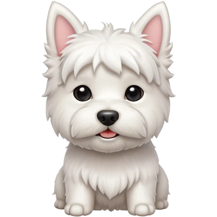 Cinematic Cute West Highland White Terrier Portrait Emoji, Head tilted playfully and inquisitively, featuring a fluffy, immaculate white coat with perky ears, round, sparkling dark eyes filled with curiosity, Simplified yet irresistibly adorable features, highly detailed, glowing with a warm, friendly glow, high shine, affectionate and lively, stylized with a touch of whimsy, bright and endearing, soft glowing outline, capturing the essence of a mischievous yet loving pup, so playful it feels like it could bound out of the screen and into your arms! emoji
