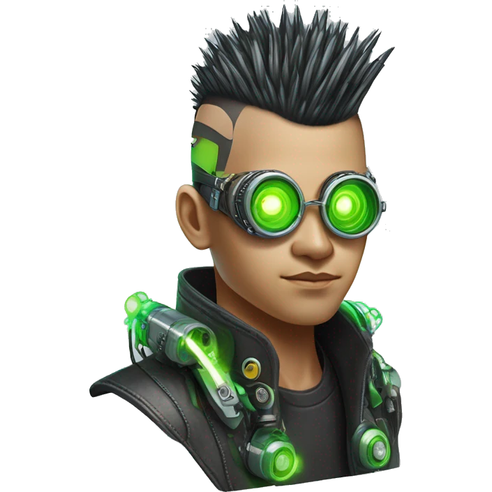 Mohawk hair with neon green highlights Asian male cyborg head with neon silver steampunk goggles and circuits emoji