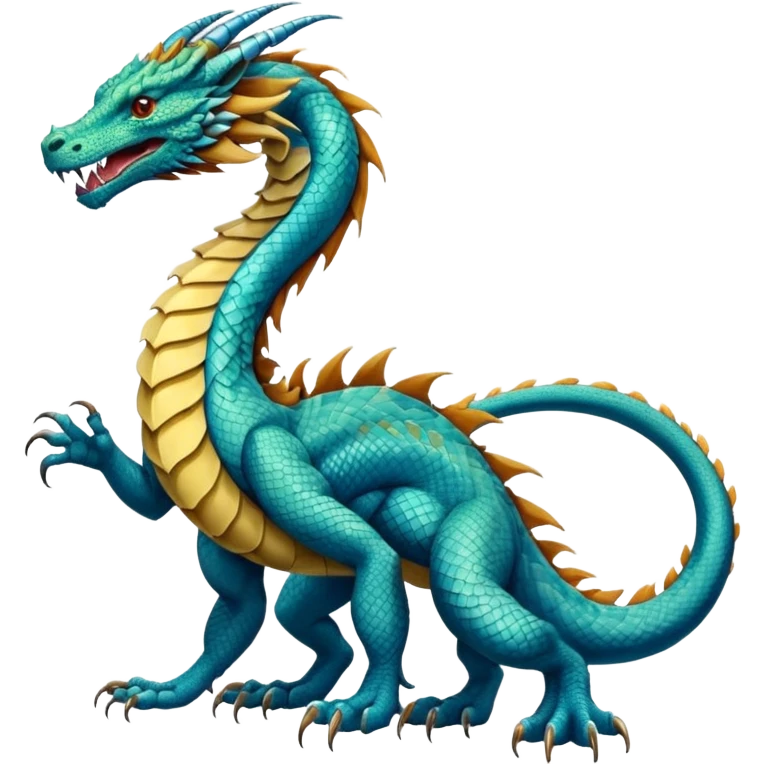 Mušḫuššu, official blueprint: long scaled serpent-dragon body, lion forelegs with feline paws, bird-like hind legs with talons, long neck, dragon head with horn or crest, lizard tail, blue or turquoise emoji