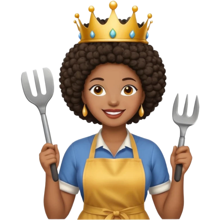 Mujer curvy afro, con vestimenta cómoda y delantal,con una corona sobre su cabeza y sonrisa contagiosa y herramientas  emoji