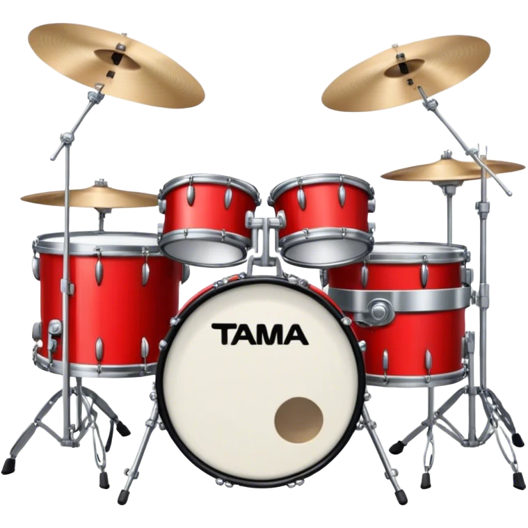 Create a powerful and dynamic emoji representing a TAMA drum kit with two bass drums. The design should feature two prominent bass drums positioned in the center, with snare drums, toms, and cymbals arranged around them. Add drumsticks crossing over the drums to symbolize action and rhythm. Use bold colors like black, silver, and red to emphasize the high-performance nature of the TAMA kit. The background should be transparent. emoji