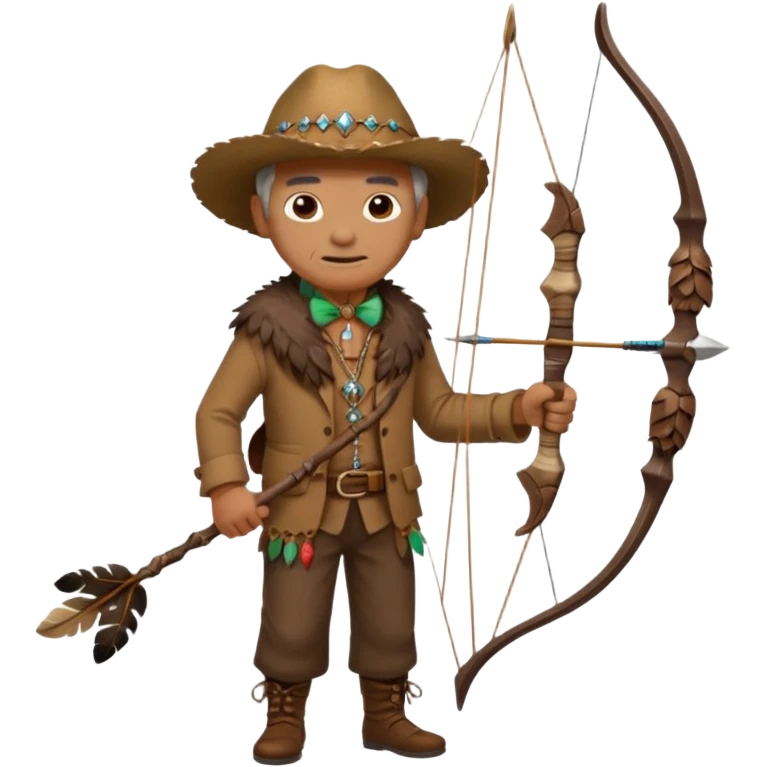 The classic image of a middle-aged uncle hunter carrying a bow, dressed in brown clothes, with some ornaments made of feathers, bones or teeth on his body. emoji