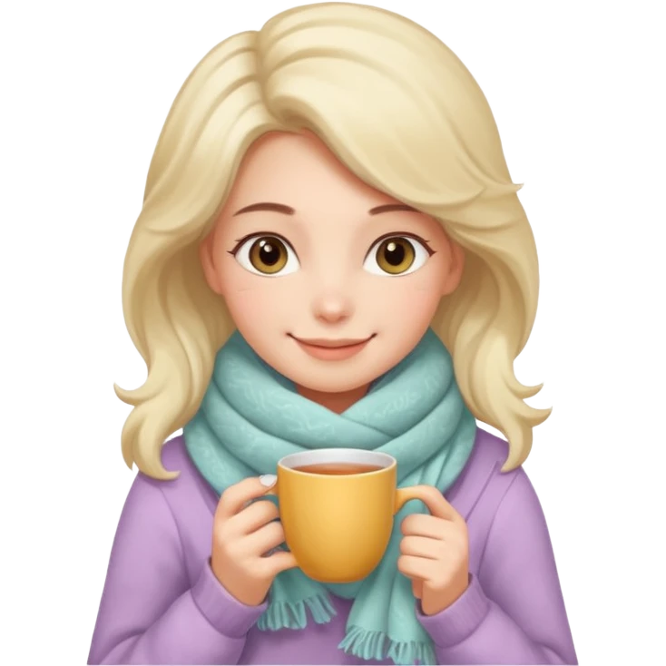 A warm-looking woman with a fluffy pastel scarf, smiling softly while holding a cup of tea. emoji