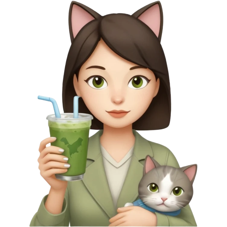 a brunette woman in here 30S drinking an iced matcha, carrying a grey cat and a map of the world emoji