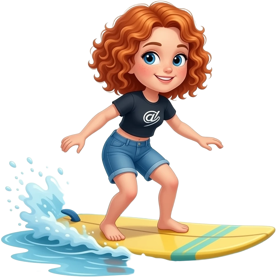 Fille rousse bouclés tâches de rousseur surf dans l'eau emoji
