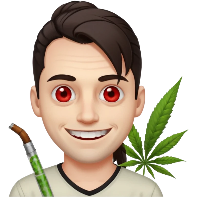 A white man with dark brown hair in a ponytail, oversized bloodshot eyes, grinning, weed smoker  emoji