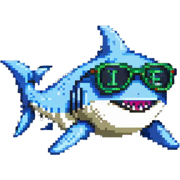 pixel art shark with dollar sign glasses emoji