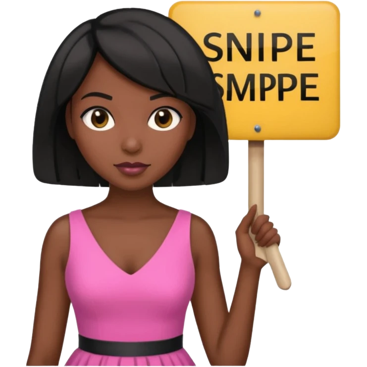 Dark skin woman with black bob in hair holding sign that says snipe  wearing pink dress  emoji