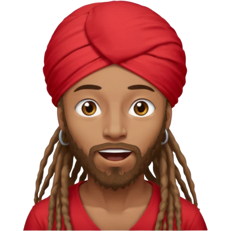Brownskin man with long brown dreadlocks 
red t-shirt 
white turban 
expression is in love 
his eyes mouth open  emoji