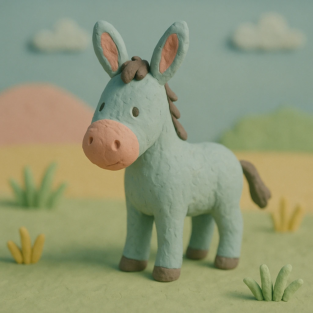 donkey standing in a field, pastel colors, visible fingerprints, playful and textured, claymation style emoji