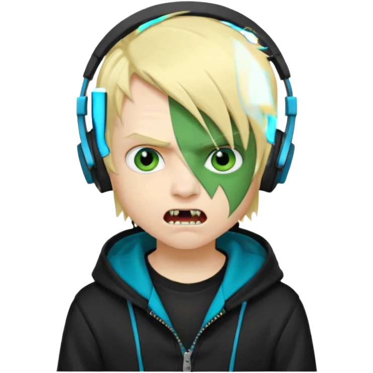 boy vampire whit blonde emo hair and eyes blue and GREEN SKIN and heandphones black AND A MICROFONE AND GOLD TEETH and agesive face and the hoodie black  emoji