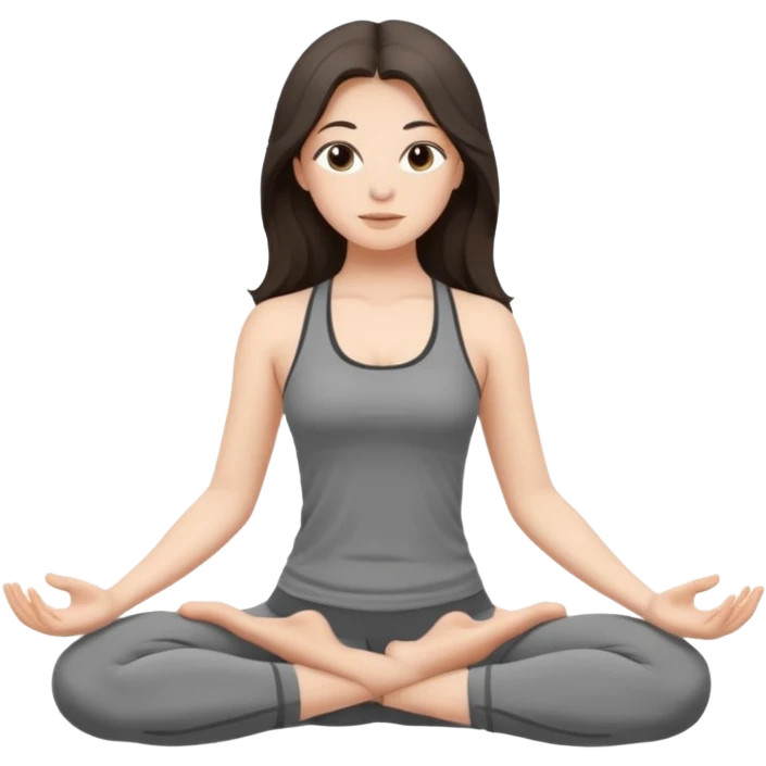 a brunette girl doing yoga, she is wearing a grey fit and she has dark long and loose hair.  emoji