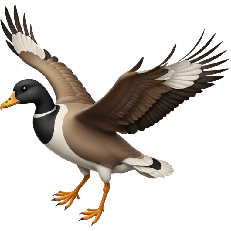 wild goose in flight, with black neck, black feet, brown wings, black-and-white head, white belly emoji