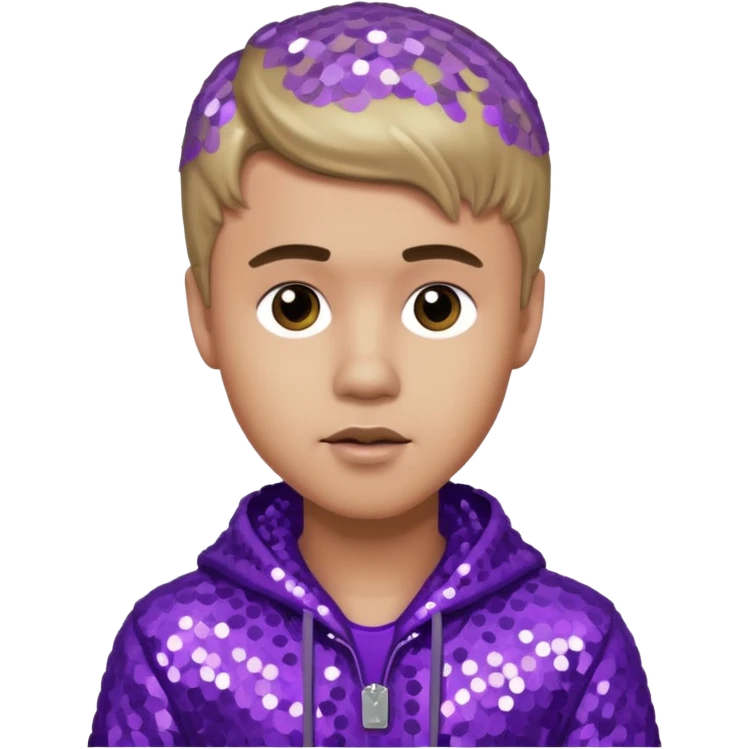 Justin Bieber with light skin, dark blonde hair, purple sequin outfit emoji