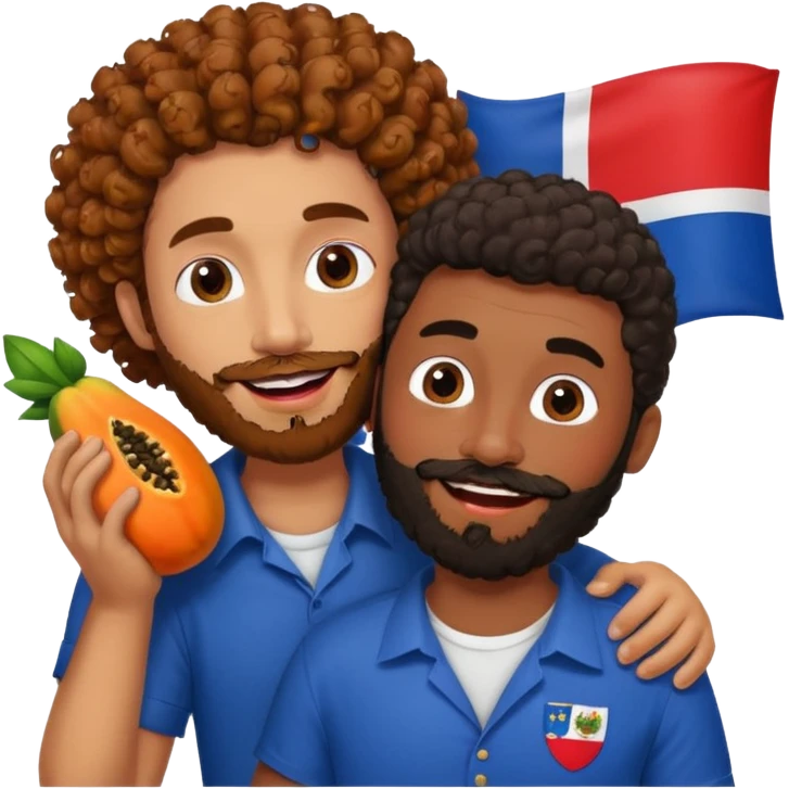 A very happy papaya with lipstick and eyelashes hugging a medium dark skinned curly hair man with a beard and Dominican flag on his shirt   emoji