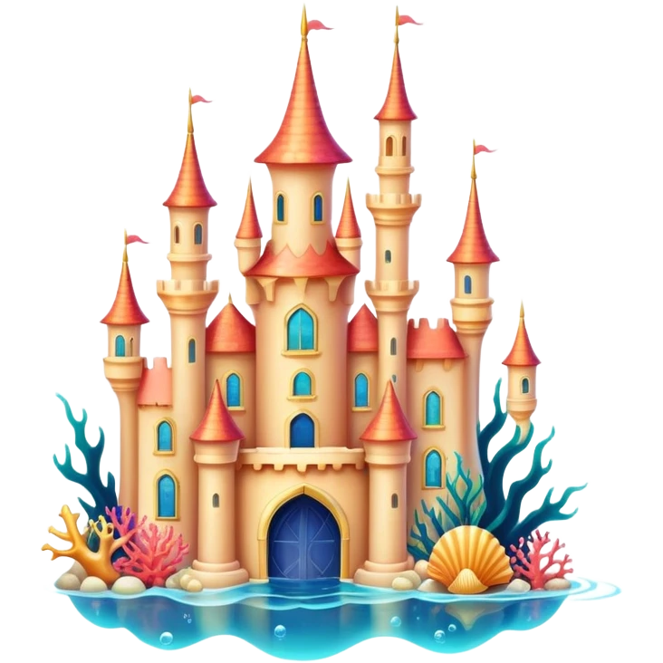 Ariel's underwater castle from The Little Mermaid, golden spires, colorful coral, seashell architecture, bubbles emoji