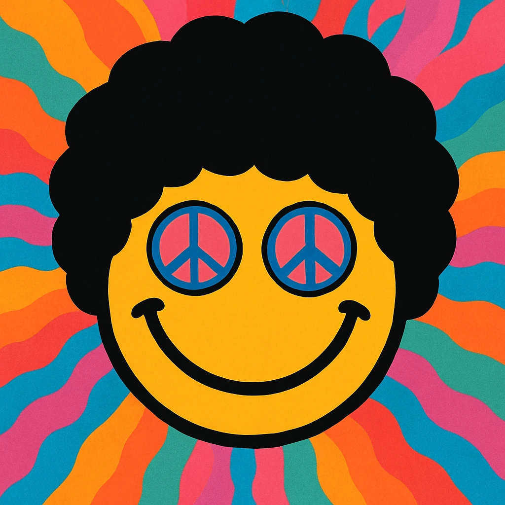 smiley face with an afro, tie-dye background, hippie theme emoji