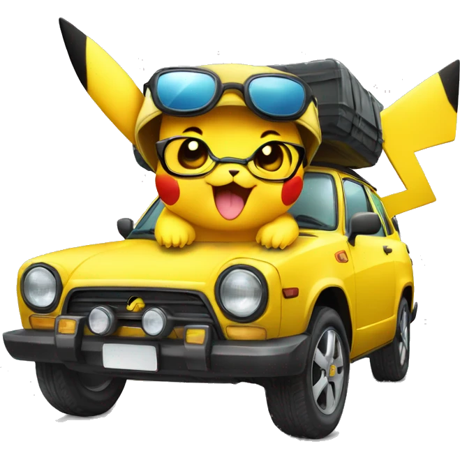 Pikachu avec des lunettes de soleil qui conduit une voiture  emoji