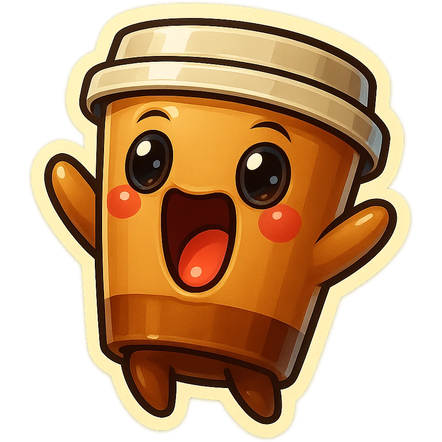 Tall coffee cup, wild, over the top, excited, big eyes, big mouth, screaming, tilted back emoji