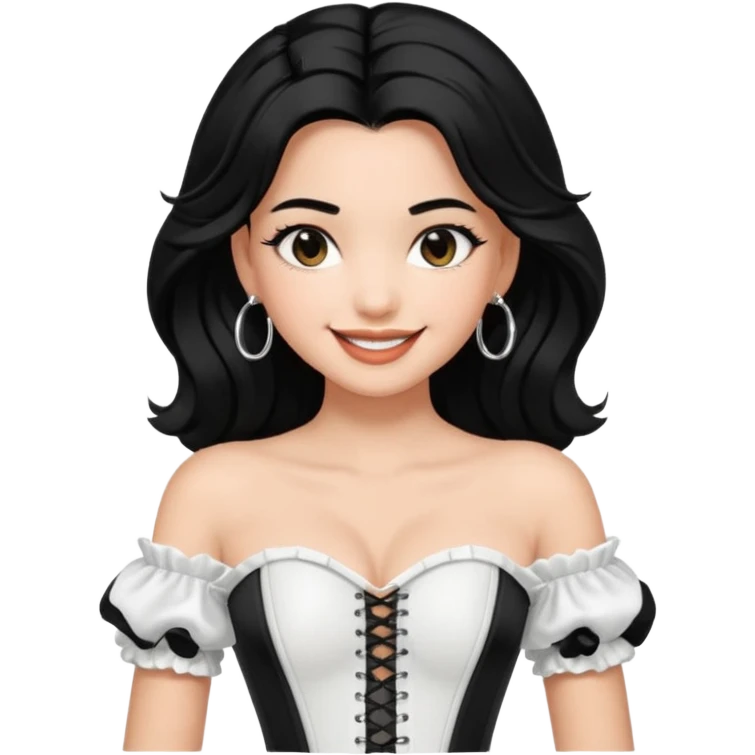 generate a pretty bratz emoji that looks like Kareena Kapoor's Geet character. 
Make her wear a puff sleeve off shoulder white top with a black corset over it. silver hoops, black hair open with middle part. smiling big

She should look like Kareena Kapoor emoji
