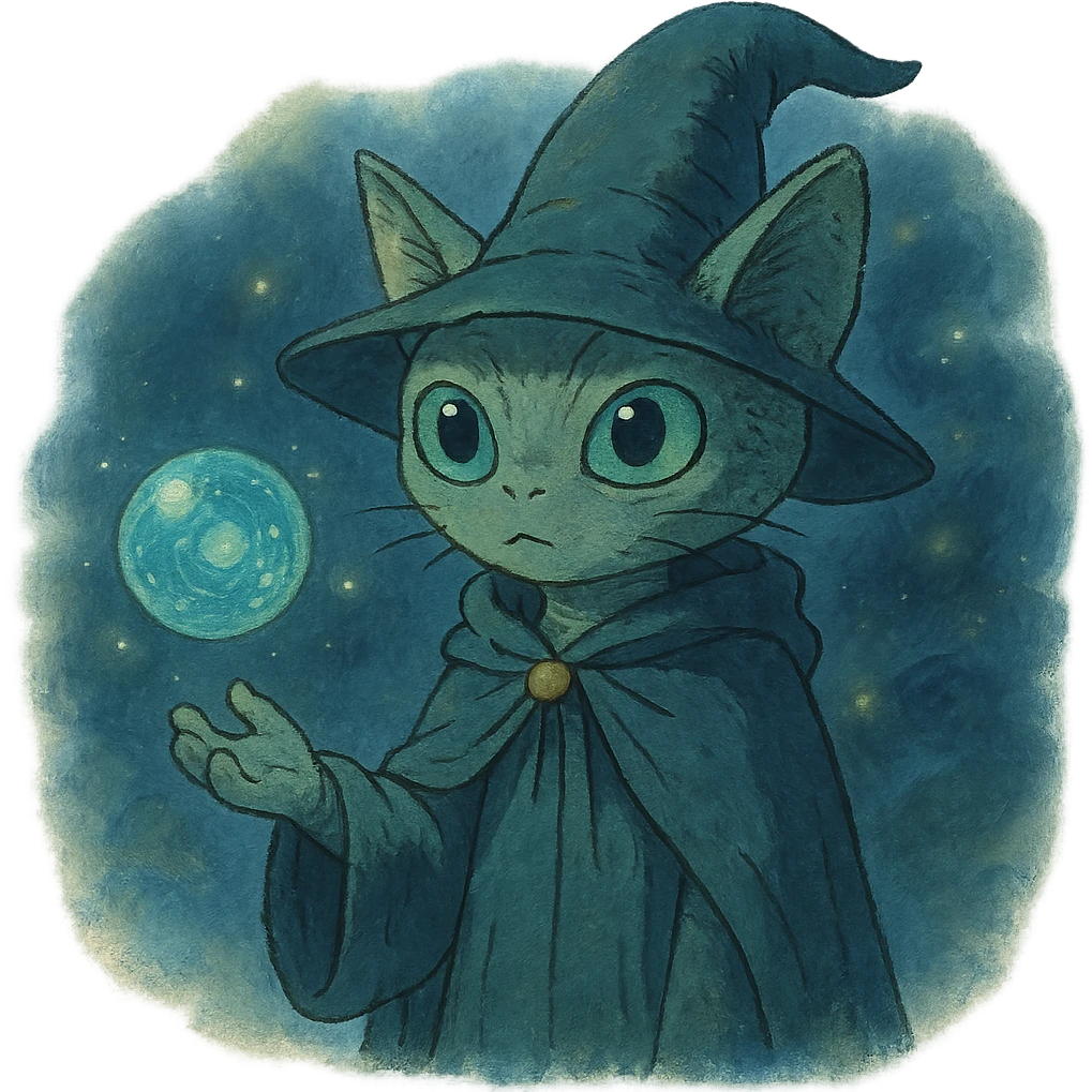 alien cat wizard with a floating orb in a mystical atmosphere emoji