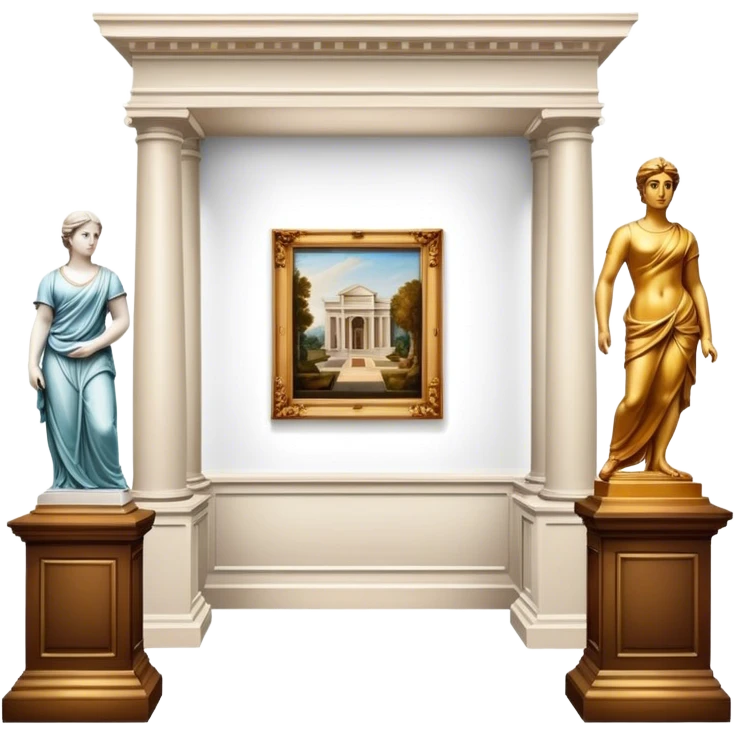 An icon featuring an elegant art gallery with classic paintings hanging on the walls, and sculptures displayed on pedestals. Visitors admire the exhibits, capturing the essence of culture, history, and art. Set against a transparent background. emoji