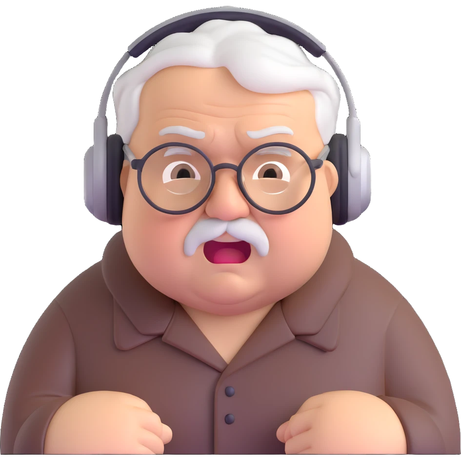 Very chubby brown old man with medium white hair, wearing glasses and headphones, looking surprised and angry, no facial hair, round full cheeks, double chin, looking to the upper left corner emoji