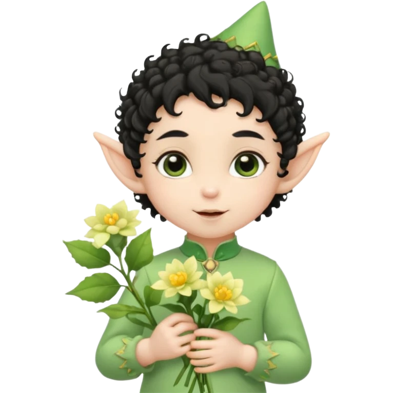 Tiny elf baby black curly hair with pointy ears\, pastel green outfit, hold flowers emoji