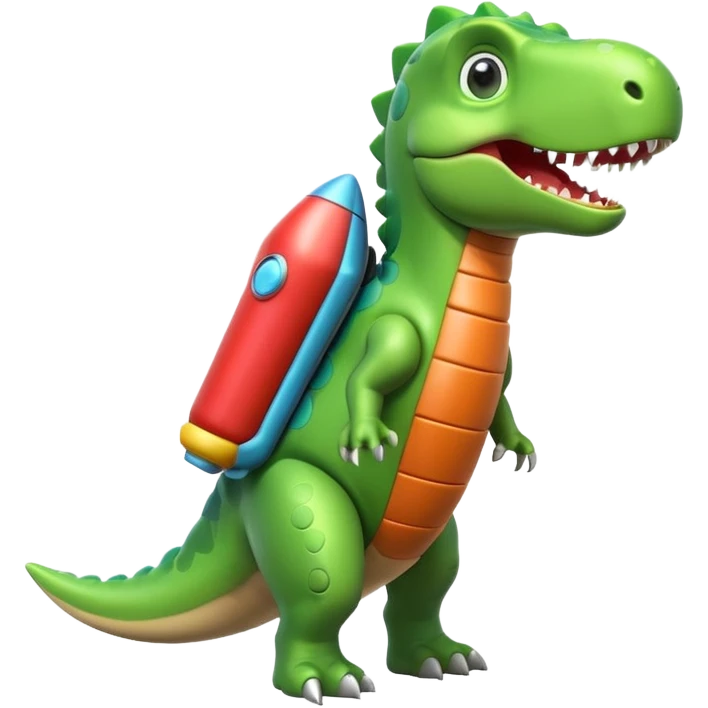 cute toy-like rocket-propelled dinosaur, rounded shapes, glossy texture, colorful rocket backpack, happy expression, 3D cartoon, mobile game icon style, clean background, no text, no watermark
 emoji