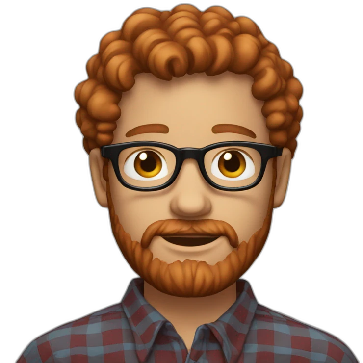 man,25 years,eyes blue,redhead,short curly hair,beard, round glasses, red and black checked shirt emoji