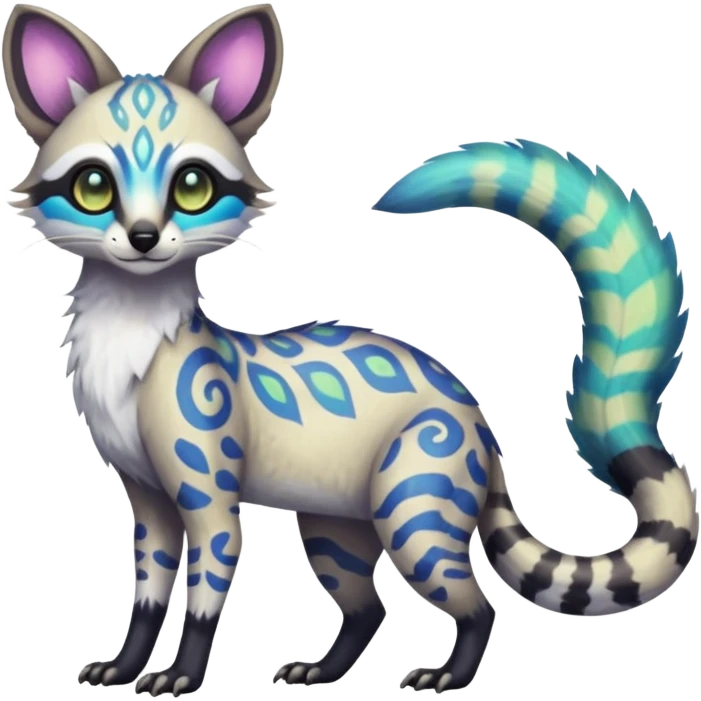 Rare iridescent white exotic epic aesthetic colorful Trico-Genet-species-Fakemon-hybrid-creature, with intricate tattoo markings, full body emoji