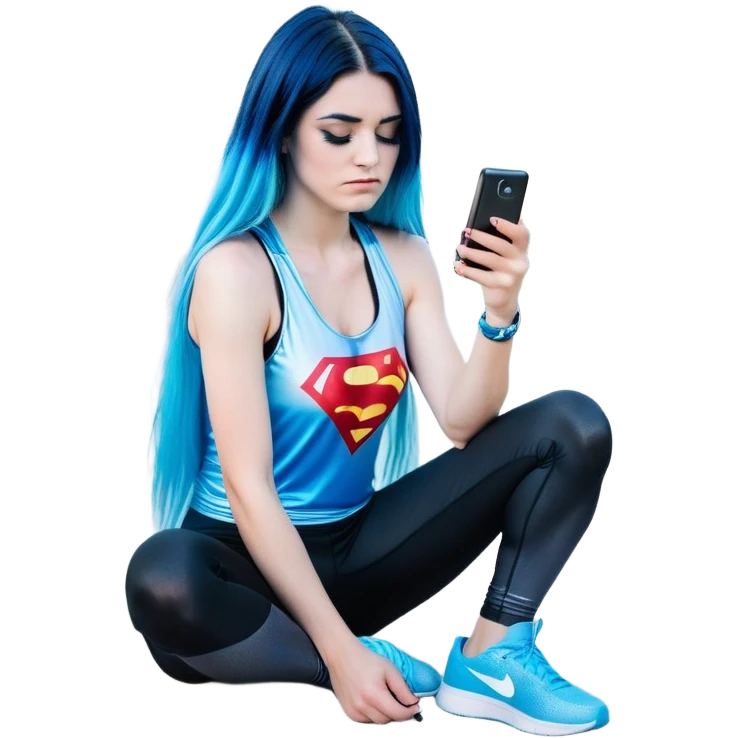 Shameful disappointed crying-very very very very big chest-texting on a samsung cell phone-very long straight flowing black to sky blue hair ombre-blue eyes-black eyeliner-long eyelashes-plastic sparkling sky blue very low cut tank top with sparkling superman logo-black leggings-nike sneakers emoji
