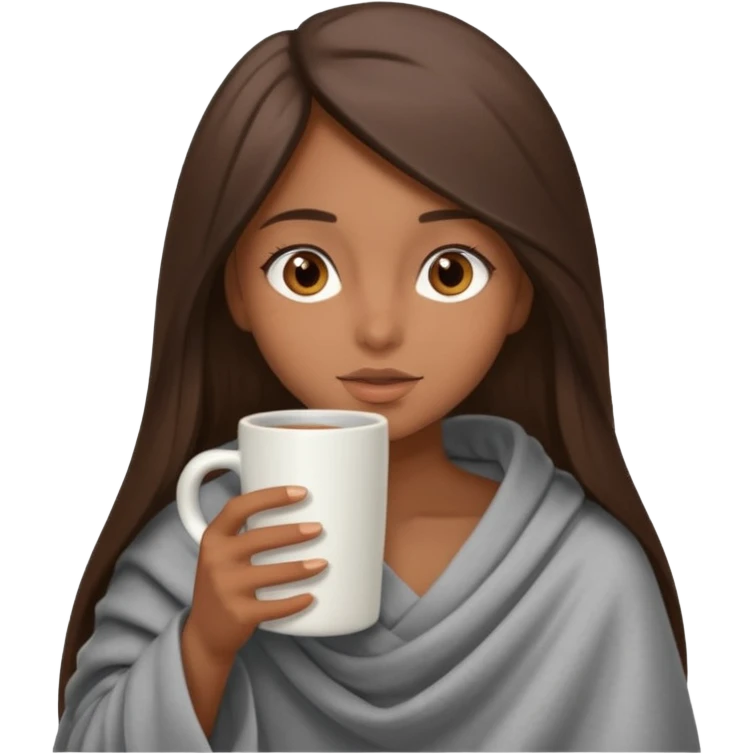 A girl with brown eyes, an ios emoji, long straight hair, wrapped in a gray blanket, and drinking from a New Year's mug emoji
