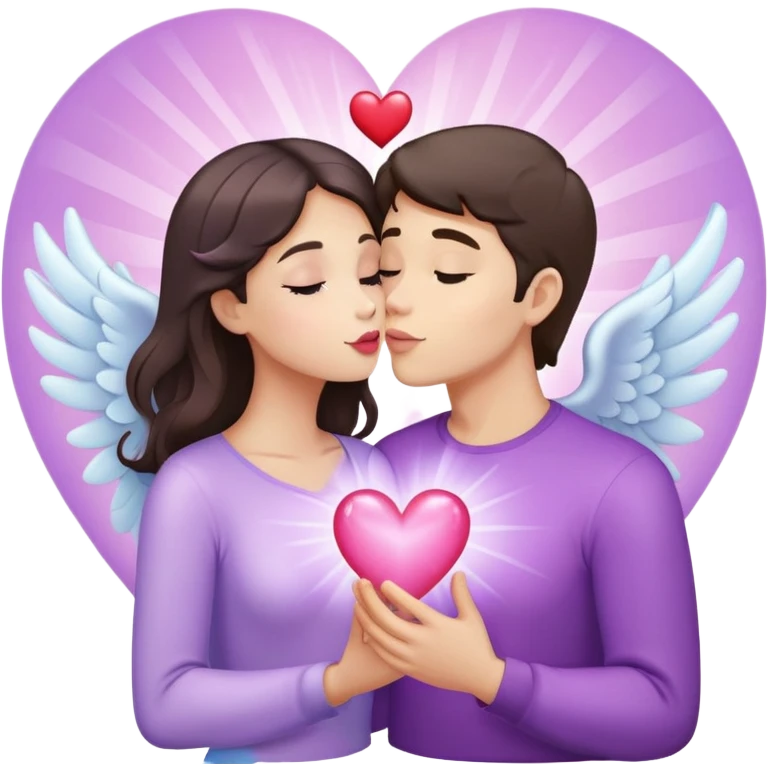 White brunette man human with rays of light Heart kisses a pastel purple angel woman emoji