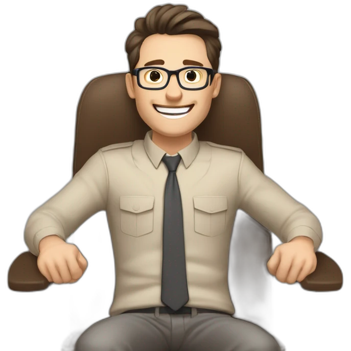 Joyful Celebrating victory Hands up Pale skinned Fit Man With dark brown hair in gray jacket, beige office shirt, Brown pants and vintage glasses sitting In a soft chair emoji