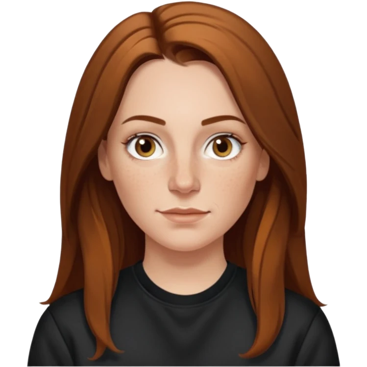 A 38 year old white woman with long brunette hair parted in the middle. She has her nose pierced. Her nose is medium sized. She has brown eyes. She has freckles and is wearing a black sweatshirt emoji