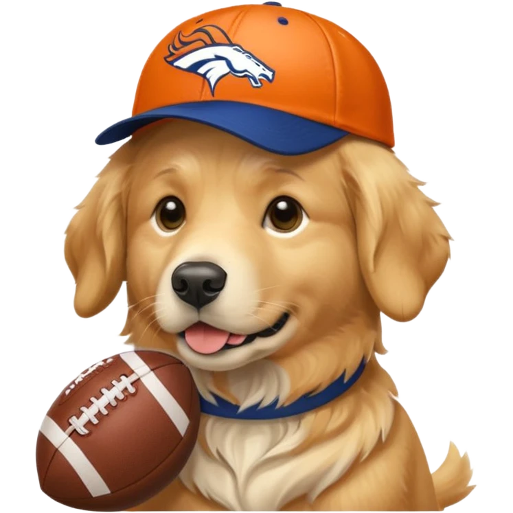 Dog wearing a Broncos hat it’s a golden retriever. The dog is holding a football. emoji