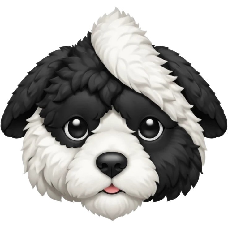 black and white cockapoo - give him a white chest, black ears and black fur covering his eyes, but then a white snout and an upside down white triangle-shaped patch of fur on his forehead emoji